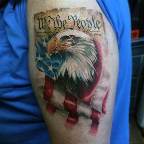 Waving American Flag We The People Upper Arm Tattoo For Men Military