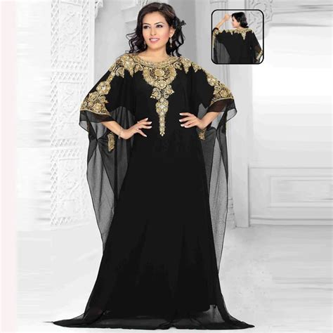 Custom Robes Three Quarter Sleeve Islamic Chiffon Gold Crystals Beading Evening Party Gown