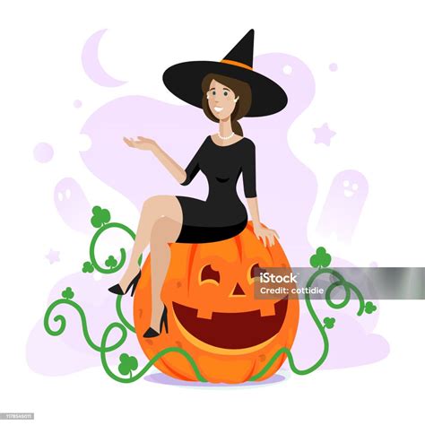 Smilling Witch Sitting On A Big Orange Pumpkin Stock Illustration Download Image Now Adult