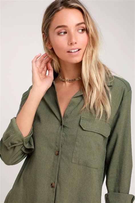 Merriment Olive Green Long Sleeve Button Up Top Shirts Women Fashion