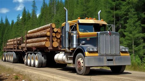 Large Semi Truck Pulling Logs Down A Road Background Logging Trucks