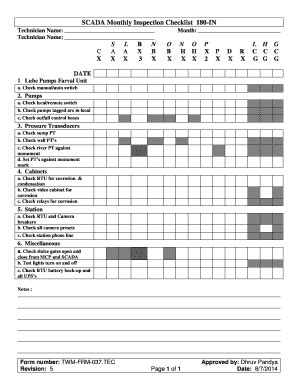 In engineering activities inspection involves the measurements, tests, and gauges applied to certain characteristics in regard to an object or activity. Fillable Online SCADA Monthly Inspection Checklist 037TEC ...