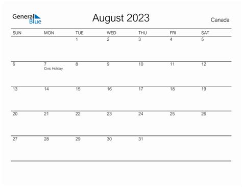 Printable August 2023 Monthly Calendar With Holidays For Canada