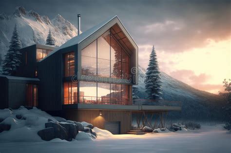 Modern House With Panoramic Windows In A Snowy Landscape Ai Generative