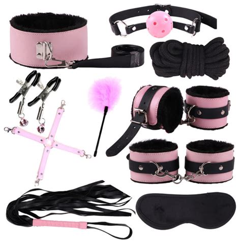 Cytherea Classic Leather 10pc Bondage Set Restraints Toys Bdsm Black And Pink Leather Cytherea