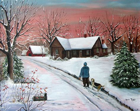 Morning Red Winter Snow Rabbit Box Old Farm House Hound Dog Road Folk