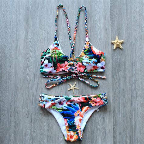 2017 New Women Handmade Bikini Flower Print Swimwear Sexy Bathing Suit Multi Rope Strap Swimsuit