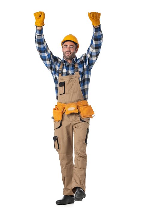 premium photo happy construction worker with arms raised