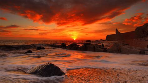 Sea Waves Rocks Beach Sunrise 1920x1080 Rwallpaper
