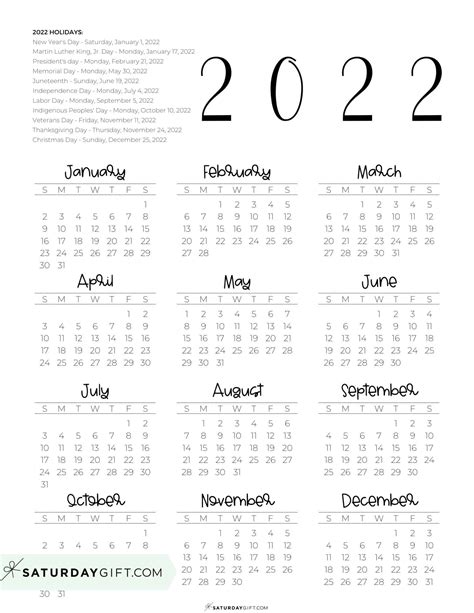 2022 Calendar Printable Cute And Free 2022 Yearly Calendar Templates