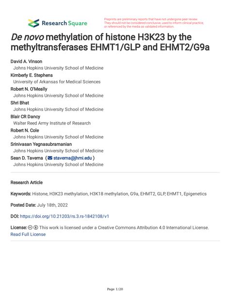 Pdf De Novo Methylation Of Histone H3k23 By The Methyltransferases Ehmt1 Glp And Ehmt2 G9a