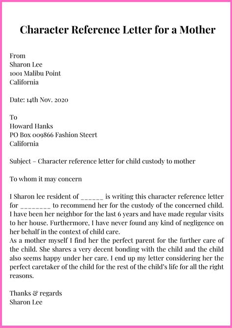 Sample Character Reference Letter For A Mother