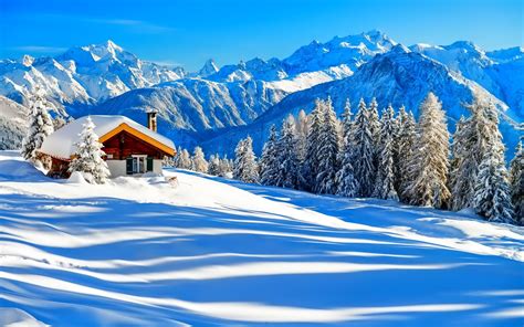 Winter Snow House Trees Nature Forest Mountains Sky