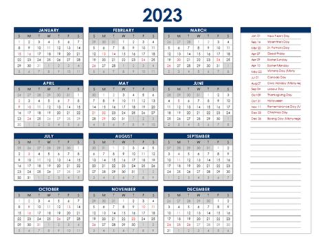 2023 Canada Annual Calendar With Holidays Free Printable Templates