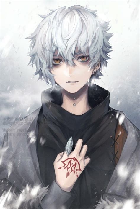 An Anime Character With White Hair And Blue Eyes Holding His Hand Up To The Camera