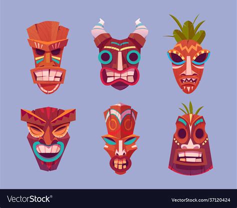 Tiki Masks Hawaiian Tribal Totem God Faces Vector Image