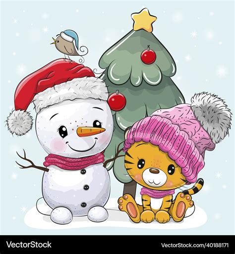 Cartoon Tiger And Snowman Near The Christmas Tree Vector Image