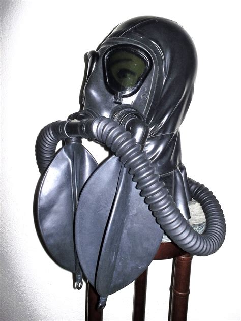 fetish heavy rubber latex gas mask hood with dark tinted lenses double hoses and two detachable