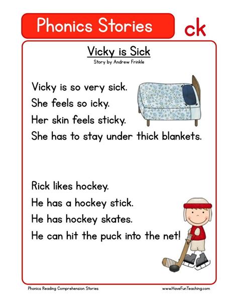 A short reading comprehension about daily routines in the present simple tense. Reading Comprehension Worksheet - Vicky is Sick | Phonics reading, Reading comprehension ...