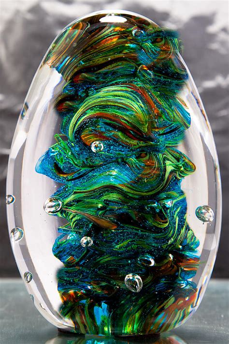 Solid Glass Sculpture 13e7 Blue Greens And Orange Sculpture By