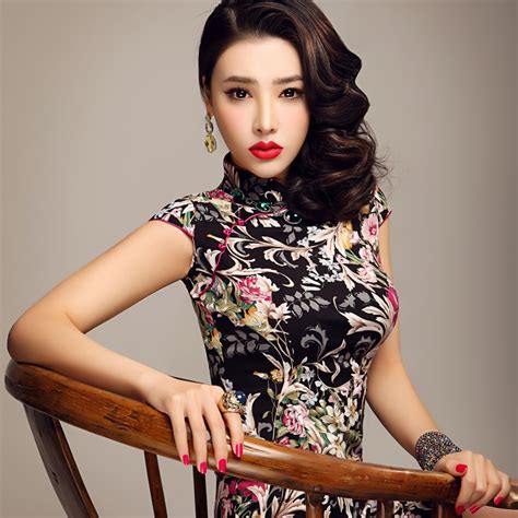 Free Shipping 2014 Women Fashion Print Black Chinese Dresscheongsam