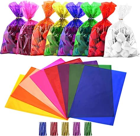 Cinvo 160 Pcs Colored Cellophane Bags Cello Treat Bags Colorful Clear