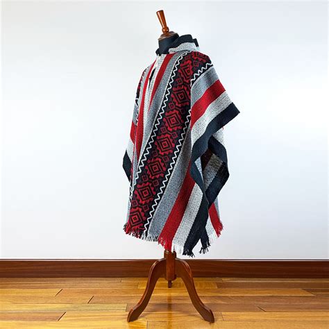 Llama Wool Unisex South American Handwoven Poncho Striped Pattern Bl
