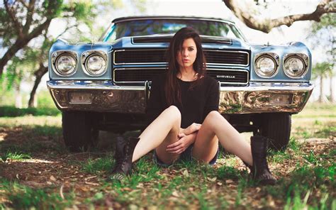 Women With Cars Women Sitting Chevrolet Chevelle Jean Shorts Legs Wallpapers Hd Desktop