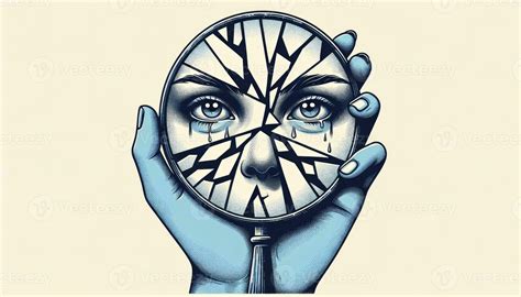 A hand holding a shattered mirror, with fractured pieces reflecting a