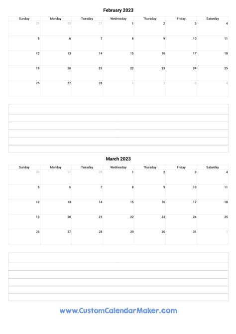 February To March 2023 Calendar Template With Notes