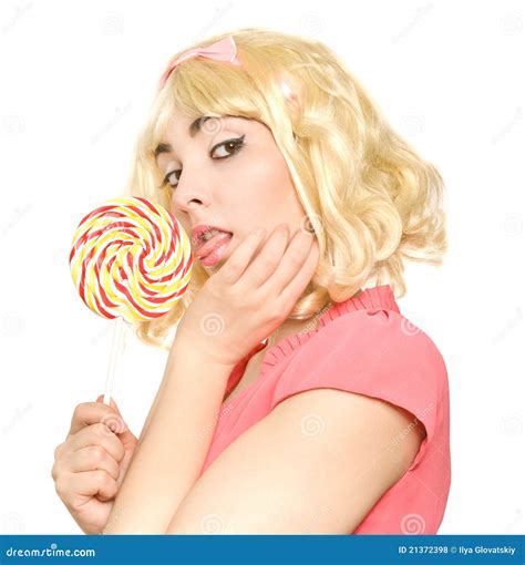Girl Licking Lollipop Closed Eyes Isolated Royalty Free Stock Photo