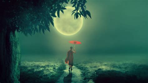 Download Wallpaper 1600x900 Boy Monk Fog Moon Child Umbrella