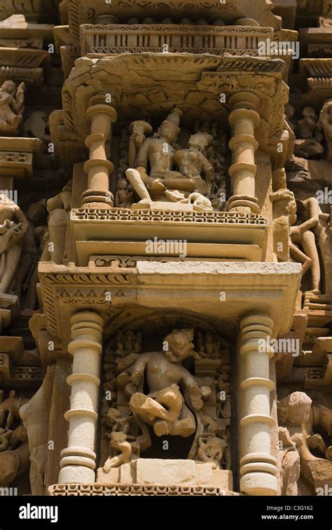 Sculptures On The Wall Of A Temple Khajuraho Chhatarpur District