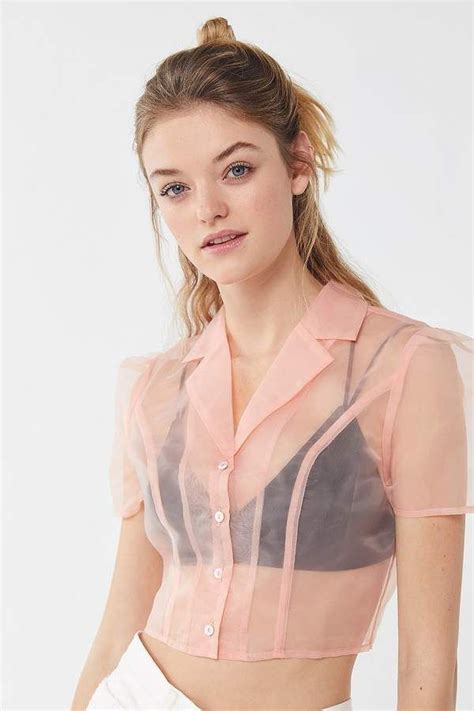 uo sheer organza button down cropped top sheer top outfit fashion fashion stayle
