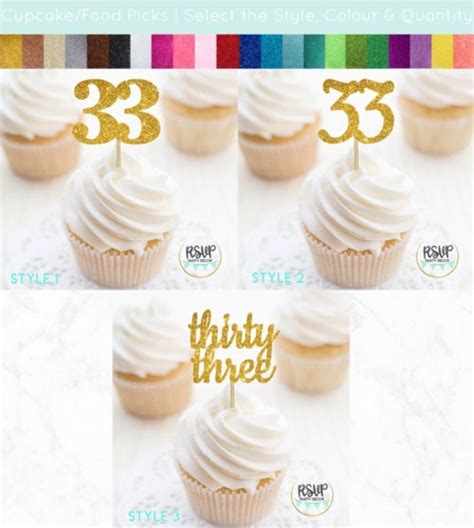 Number 33 Cupcake Toppers Thirty Three Food Picks 33rd Birthday