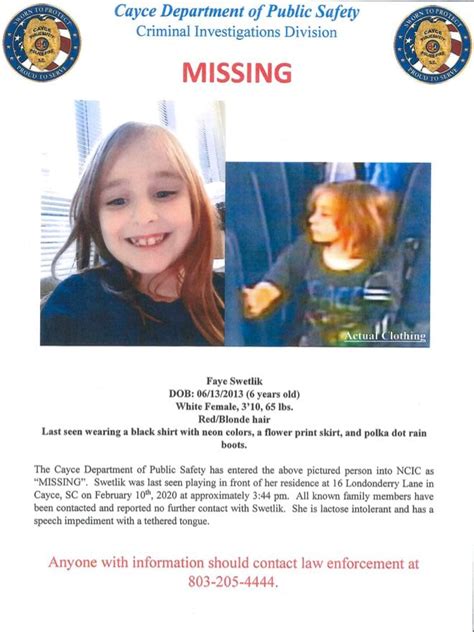 searching for faye swetlik missing 6 yr old from cayce abc columbia