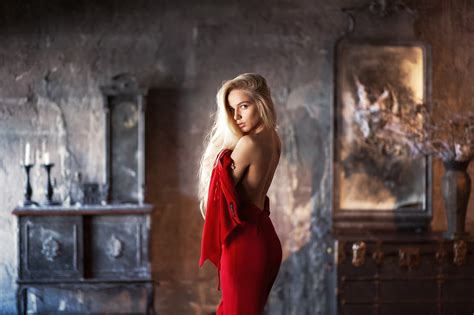 Wallpaper Women Model Portrait Blonde Bare Shoulders Red Dress