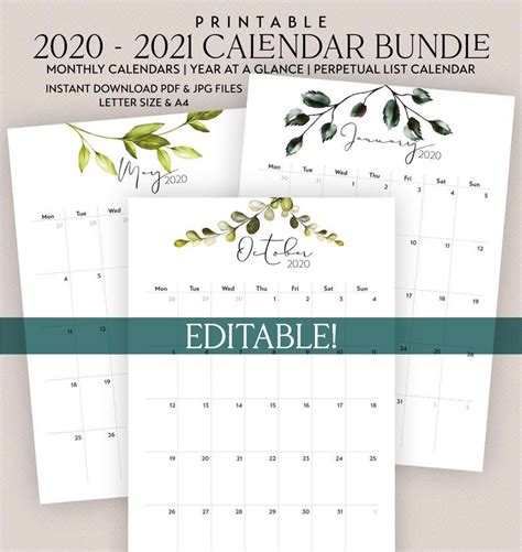 Editable Printable 2020 2021 Calendar Bundle Perpetual Etsy In 2020