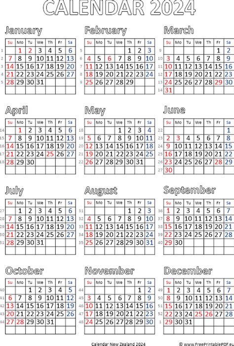 Calendar 2024 New Zealand Free Printable Pdf