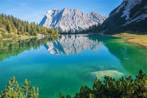 Turquoise Lake Seebensee And Zugspitze Mountain Reflecting In The