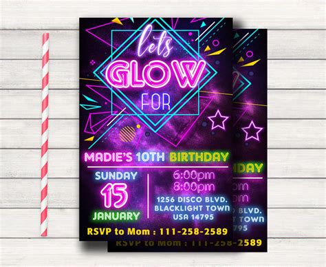Glow Party Invitation Neon Glow In The Dark Party Neon Glow Etsy