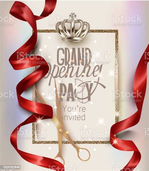 Grand Opening Invitation Card With Beautiful Res Curly Ribbons Vector