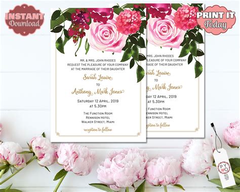 pink floral wedding invitation rose invitation reception invitation watercolor flower