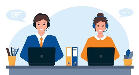 Young Man And Woman With Headphones Microphone And Computer Customer