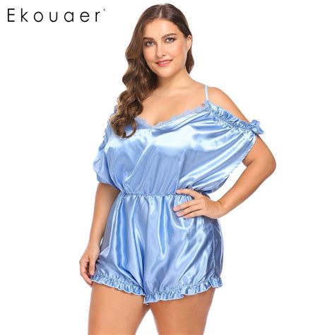 Ekouaer Sexy Plus Size Adult Onesie Women Lingerie Sleepwear Ruffles Trim V Neck Satin One Piece