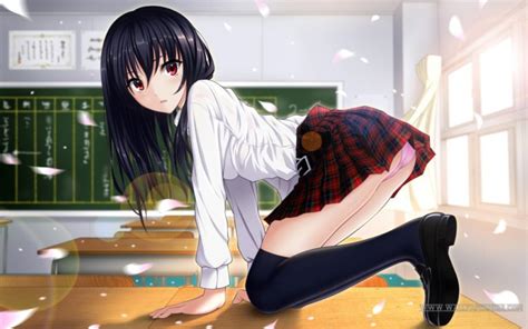 Dark Hair Red Eyes Schoolgirl Bent Over Looking At