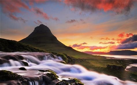 Wallpaper Iceland Kirkjufell Mountain Waterfall Morning Dawn