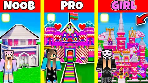 minecraft battle pink barbie house build challenge noob vs pro vs girl animation youtube