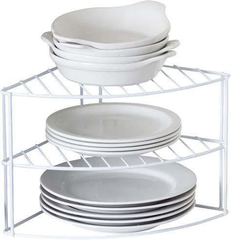 Neo White Steel 3 Tier Corner Kitchen Cupboard Plate Dish Stand Holder