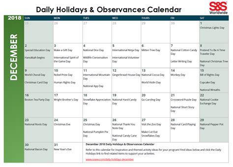 December 2018 Printable Daily Holidays Calendar1png Sands Blog